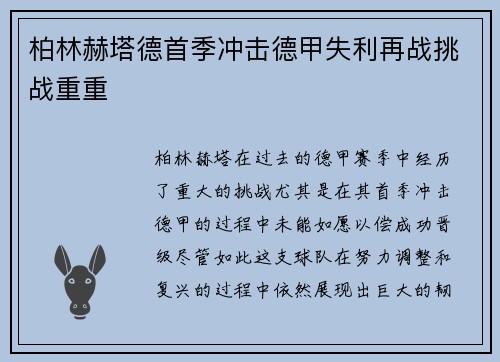 柏林赫塔德首季冲击德甲失利再战挑战重重